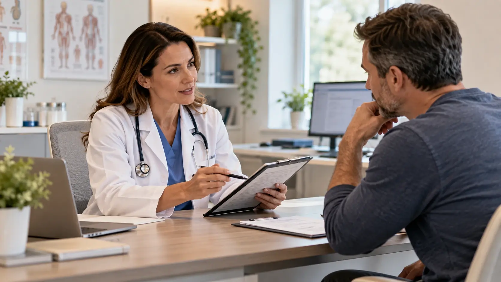 Clinician reviewing a patient's health history on a clipboard during a peptide therapy consultation — Drip Lounge
