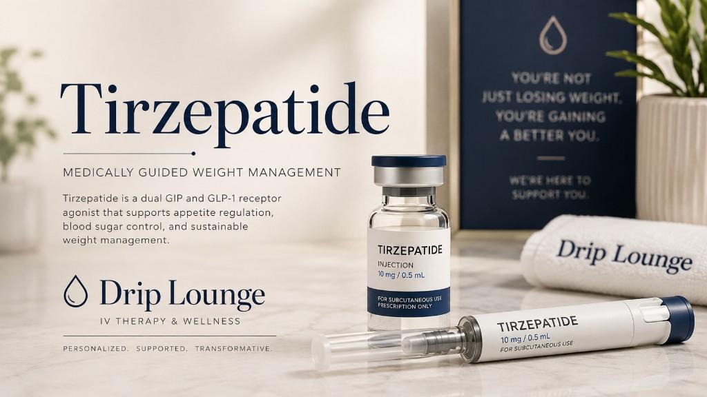 Tirzepatide injection vial and pen on a marble counter in a Drip Lounge treatment room — medically guided weight management